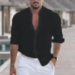 Men's Long Sleeve Shirt With Button Casual Solid Color Tops For Spring Autumn - Image 4