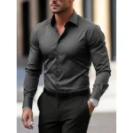 Men's Shirt Business Button Down Shirt Summer Solid Color Long Sleeve Lapel Vacation Shirt Fashion Temperament Casual Tops - Image 5