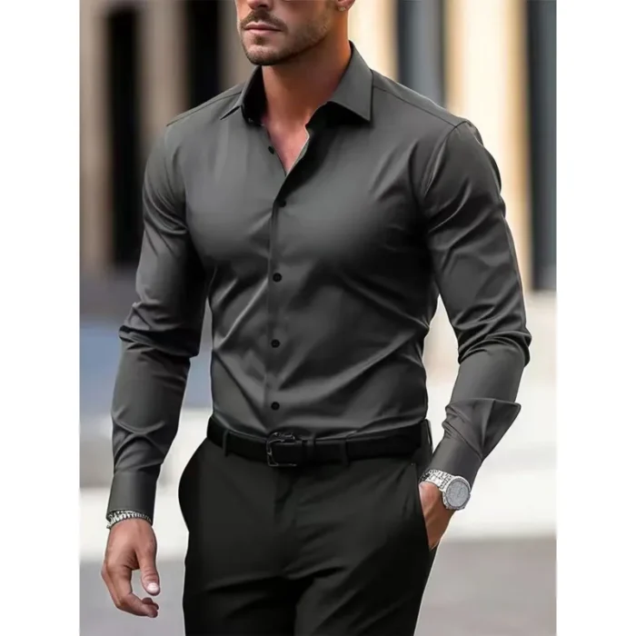 Men's Shirt Business Button Down Shirt Summer Solid Color Long Sleeve Lapel Vacation Shirt Fashion Temperament Casual Tops - Image 5