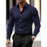 Men's Shirt Business Button Down Shirt Summer Solid Color Long Sleeve Lapel Vacation Shirt Fashion Temperament Casual Tops