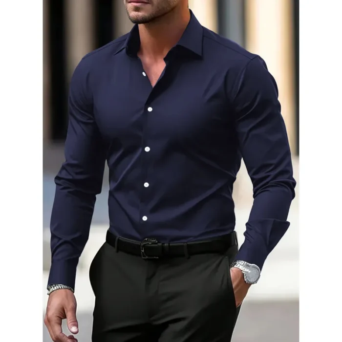 Men's Shirt Business Button Down Shirt Summer Solid Color Long Sleeve Lapel Vacation Shirt Fashion Temperament Casual Tops - Image 1
