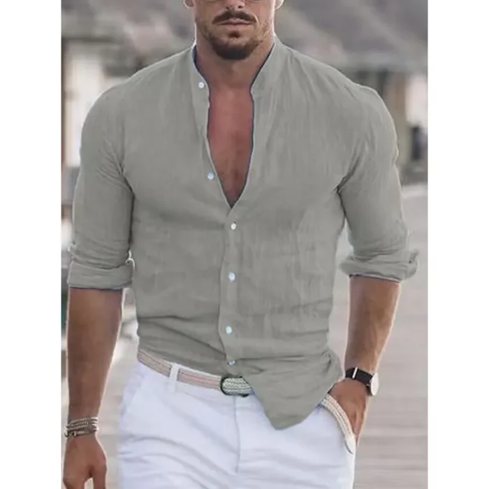 Men's Long Sleeve Shirt With Button Casual Solid Color Tops For Spring Autumn - Image 7